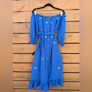 NEW English Factory Cobalt Blue Off-Shoulder Button Midi Dress